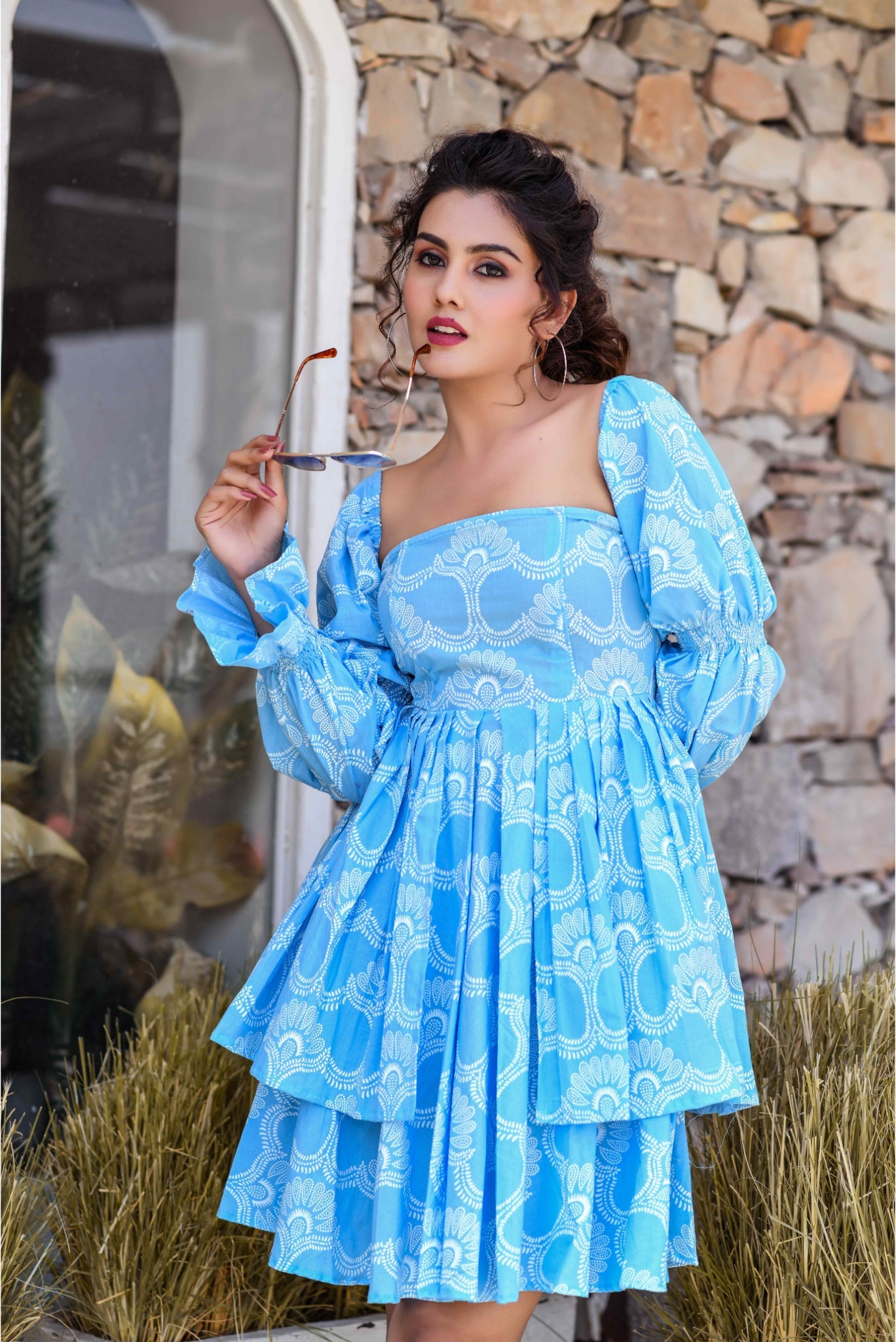W Blue Floral Printed Flared Indie Ethnic Gown
